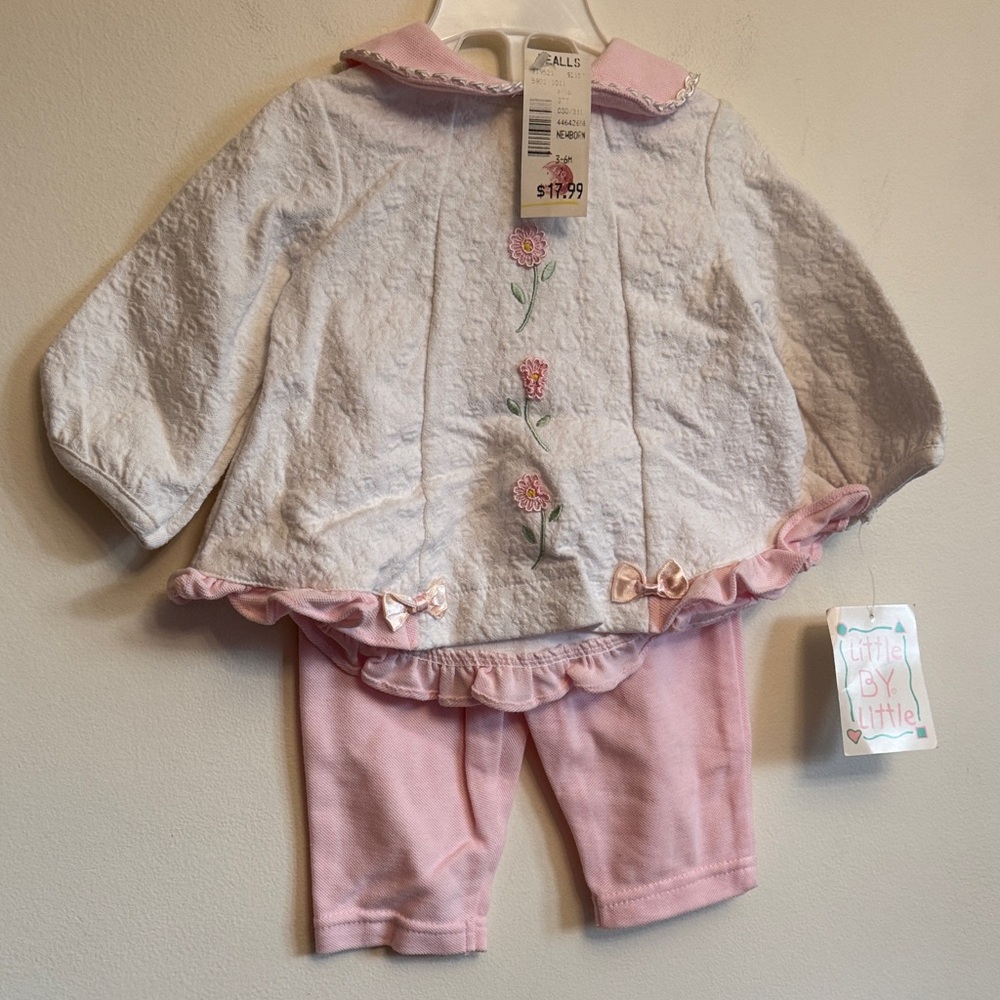 Vintage Little by Little Pink and White Baby Outfit with Floral Embroidery